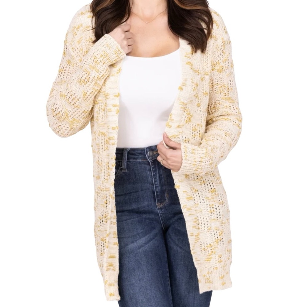 Mystree Golden Cream Woven Open Front Cardigan Sweater Size L BNWT